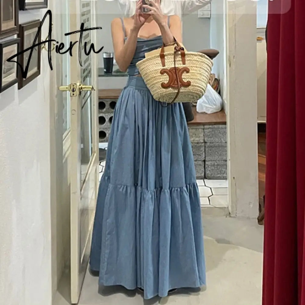 Sexy Two Piece Set Skirt Women French Style V-neck Slim Fit Short Camisole Tank Top High Waist Large Swing Ruched Skirt Suit Aiertu