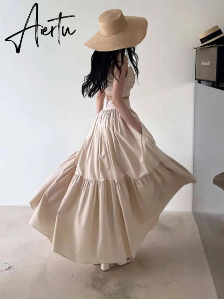 Sexy Two Piece Set Skirt Women French Style V-neck Slim Fit Short Camisole Tank Top High Waist Large Swing Ruched Skirt Suit Aiertu