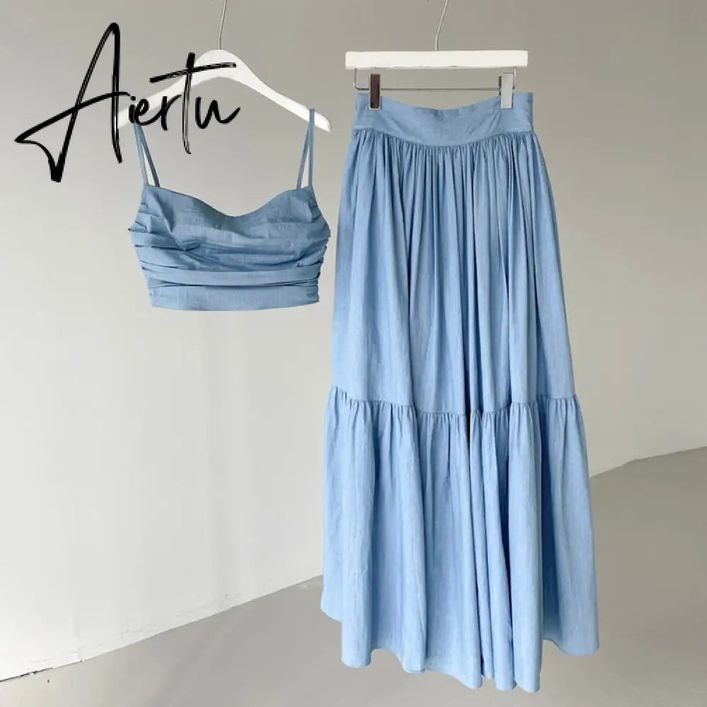 Sexy Two Piece Set Skirt Women French Style V-neck Slim Fit Short Camisole Tank Top High Waist Large Swing Ruched Skirt Suit Aiertu