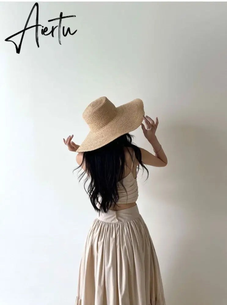 Sexy Two Piece Set Skirt Women French Style V-neck Slim Fit Short Camisole Tank Top High Waist Large Swing Ruched Skirt Suit Aiertu