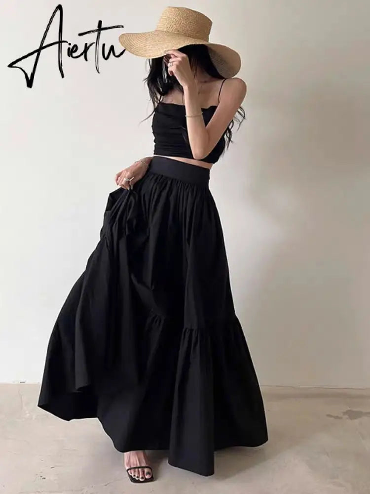 Sexy Two Piece Set Skirt Women French Style V-neck Slim Fit Short Camisole Tank Top High Waist Large Swing Ruched Skirt Suit Aiertu