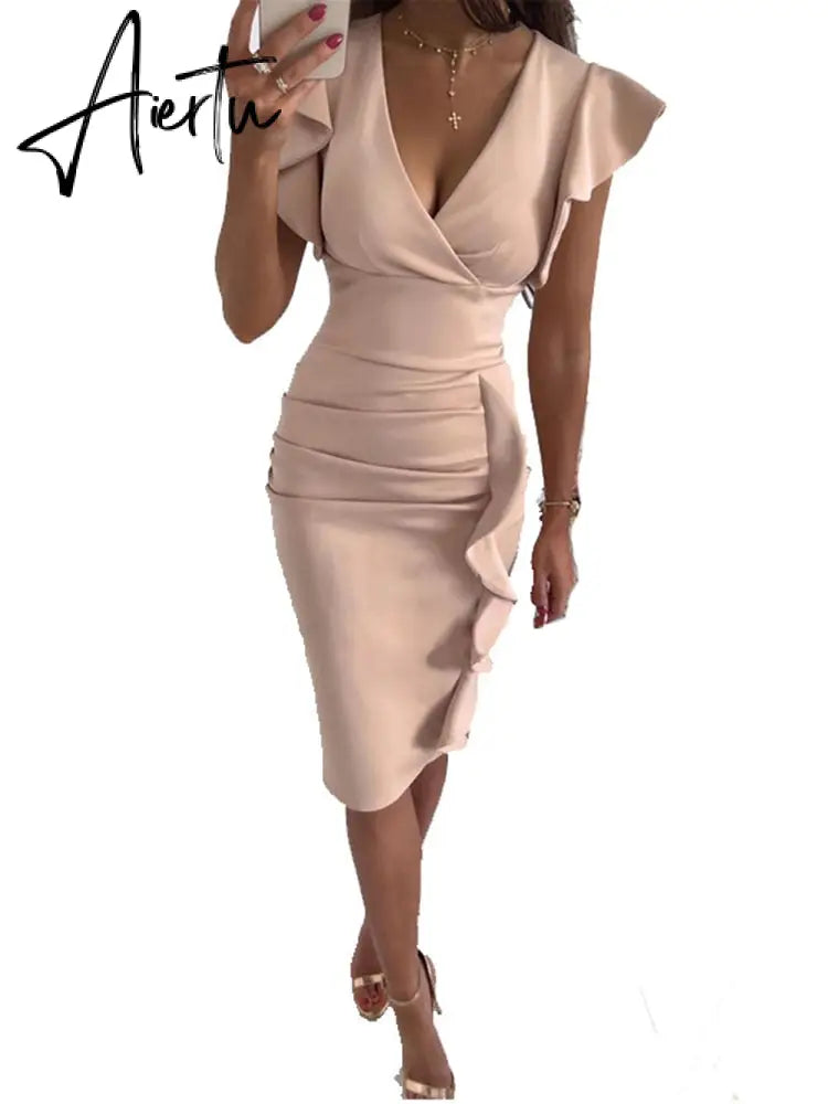 Sexy V-Neck Slim Office Lady Dress Ruffle Short Sleeve Bodycon Knee-length Dresses For Women Casual Summer Woman Work Dress Aiertu