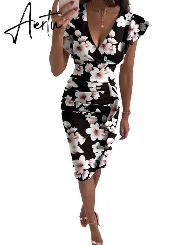 Sexy V-Neck Slim Office Lady Dress Ruffle Short Sleeve Bodycon Knee-length Dresses For Women Casual Summer Woman Work Dress Aiertu