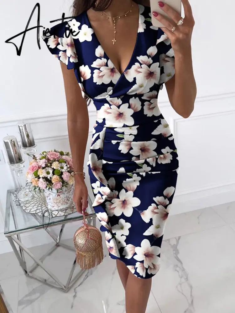 Sexy V-Neck Slim Office Lady Dress Ruffle Short Sleeve Bodycon Knee-length Dresses For Women Casual Summer Woman Work Dress Aiertu