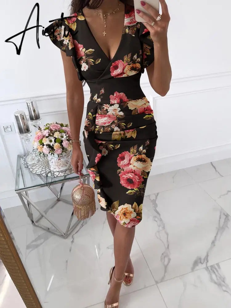 Sexy V-Neck Slim Office Lady Dress Ruffle Short Sleeve Bodycon Knee-length Dresses For Women Casual Summer Woman Work Dress Aiertu