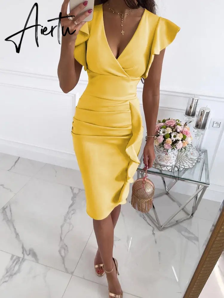 Sexy V-Neck Slim Office Lady Dress Ruffle Short Sleeve Bodycon Knee-length Dresses For Women Casual Summer Woman Work Dress Aiertu