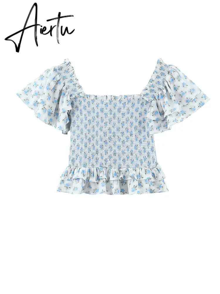 Sexy White Blue Flower Print Flare Sleeve Crop Top Women High Waist Ruffles Mini Skirt Elastic Ruched Corset 2 pieces 1 Set Aiertu