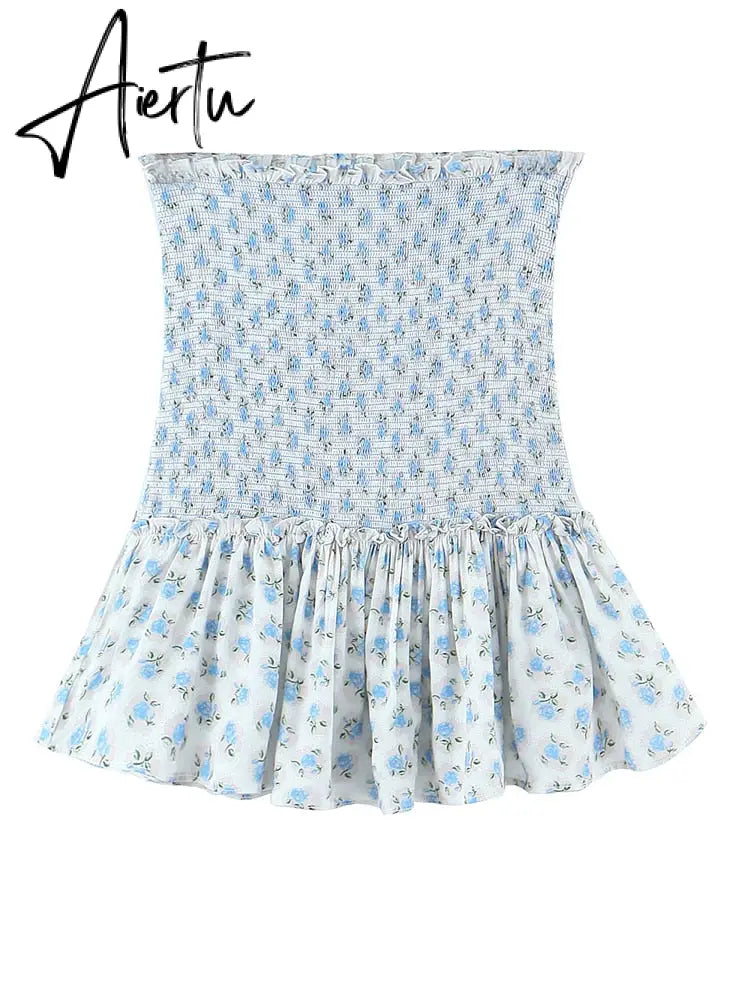 Sexy White Blue Flower Print Flare Sleeve Crop Top Women High Waist Ruffles Mini Skirt Elastic Ruched Corset 2 pieces 1 Set Aiertu