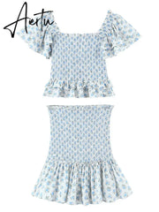 Sexy White Blue Flower Print Flare Sleeve Crop Top Women High Waist Ruffles Mini Skirt Elastic Ruched Corset 2 pieces 1 Set Aiertu