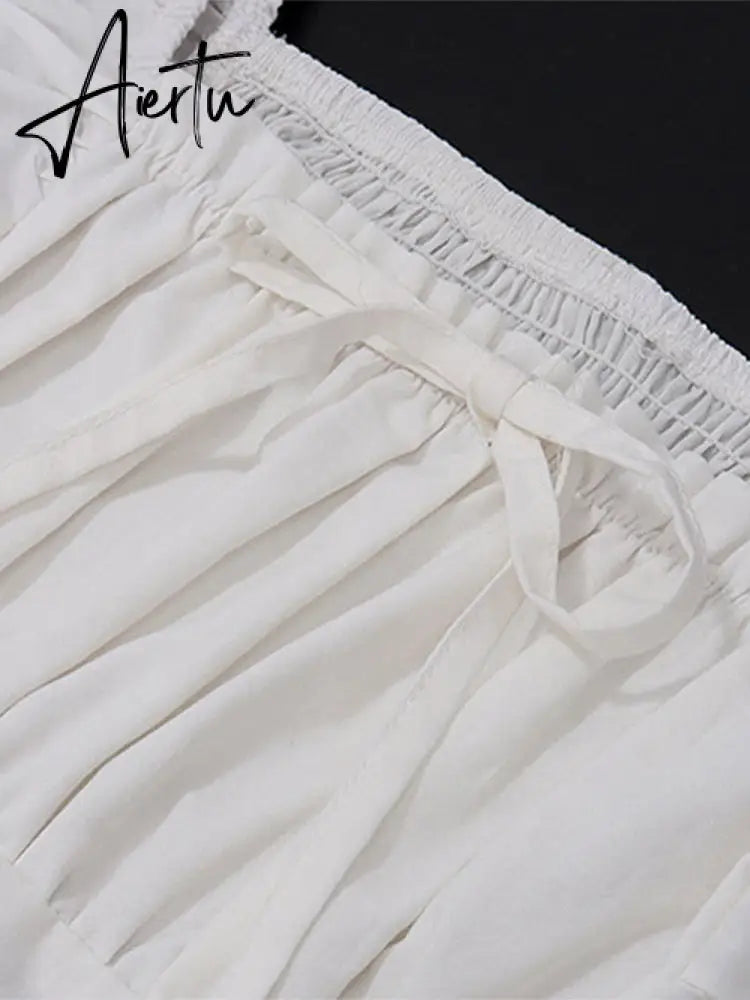 Sexy White Pleated Holiday Dress Woman Lace Up Square Collar Ruffles Female Dresses Elegant Button Sleeveless Beach Vestido Aiertu