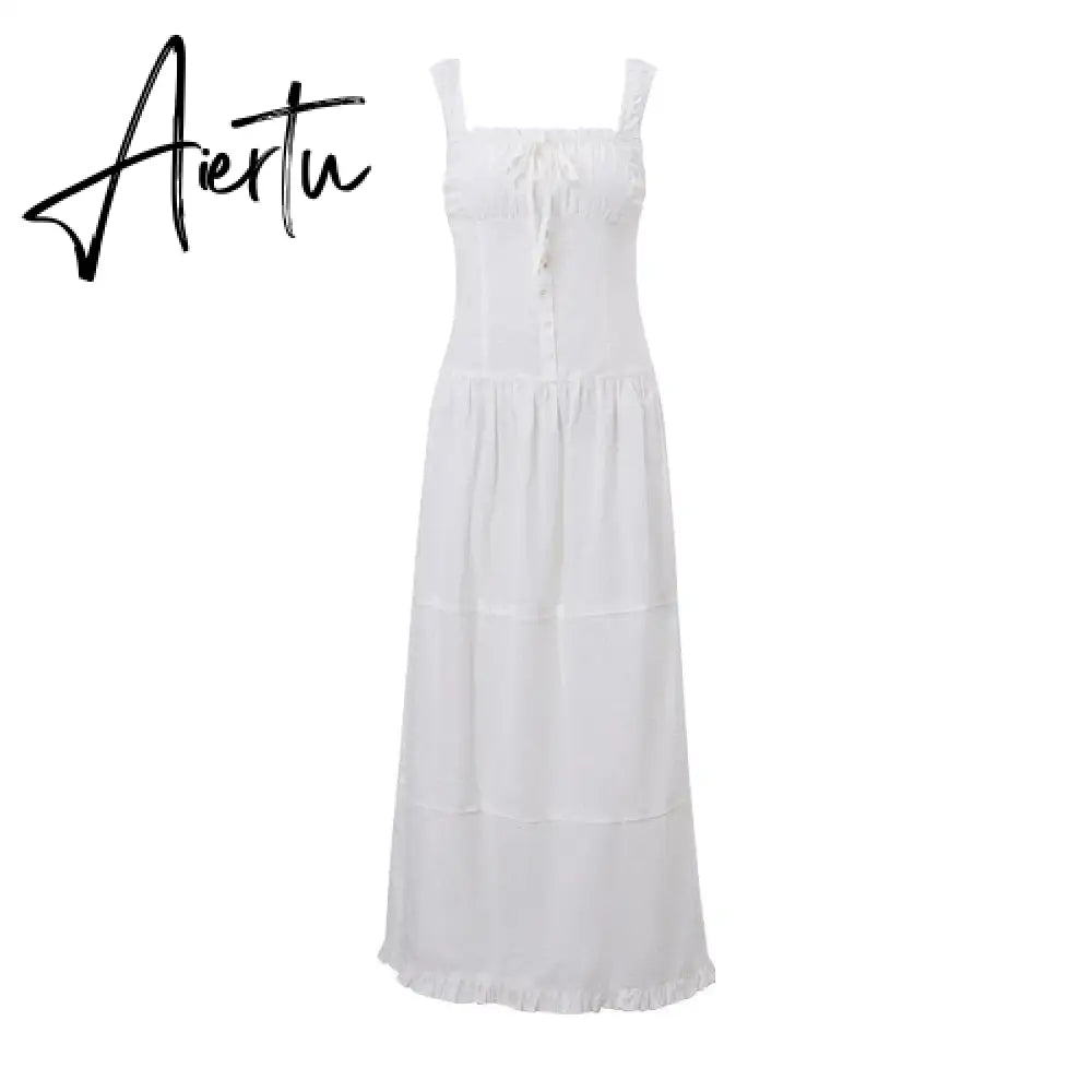Sexy White Pleated Holiday Dress Woman Lace Up Square Collar Ruffles Female Dresses Elegant Button Sleeveless Beach Vestido Aiertu
