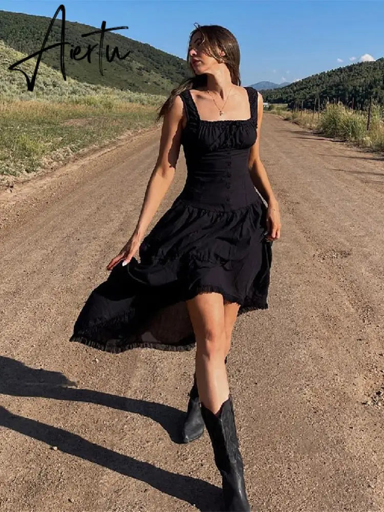 Sexy White Pleated Holiday Dress Woman Lace Up Square Collar Ruffles Female Dresses Elegant Button Sleeveless Beach Vestido Aiertu