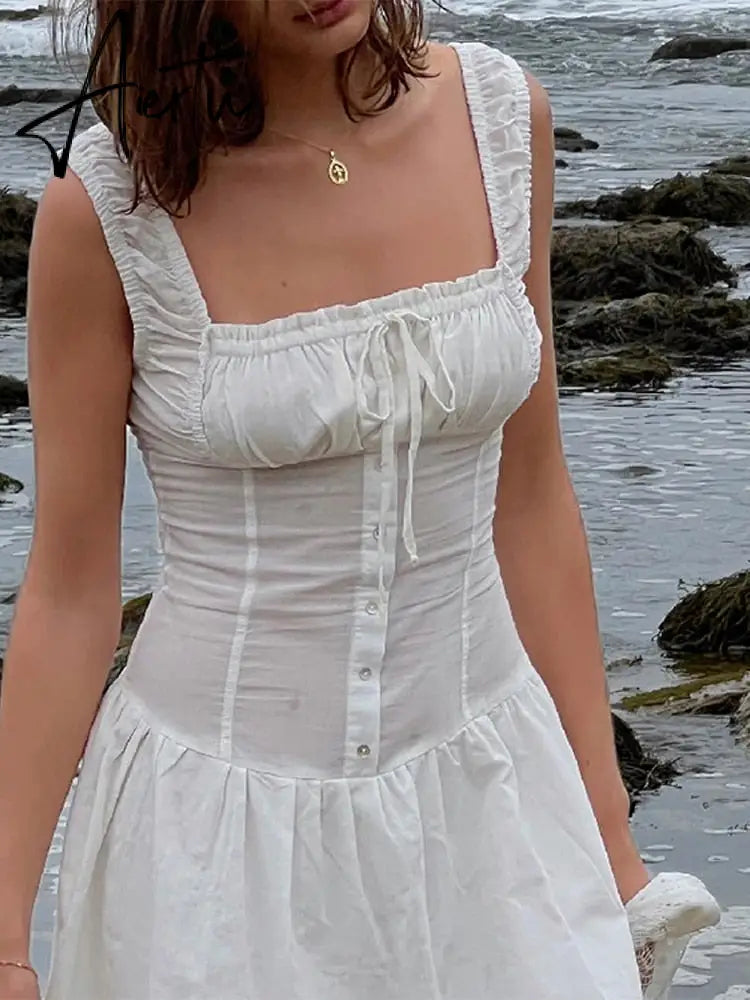 Sexy White Pleated Holiday Dress Woman Lace Up Square Collar Ruffles Female Dresses Elegant Button Sleeveless Beach Vestido Aiertu