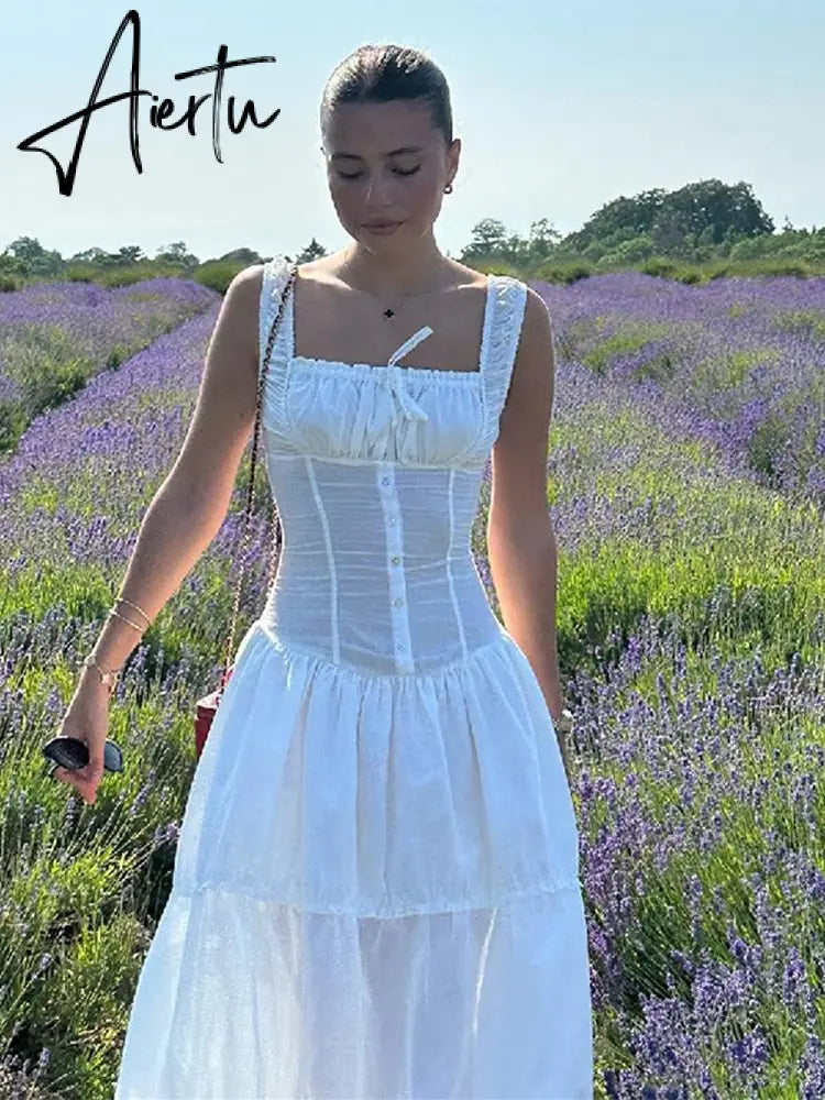 Sexy White Pleated Holiday Dress Woman Lace Up Square Collar Ruffles Female Dresses Elegant Button Sleeveless Beach Vestido Aiertu