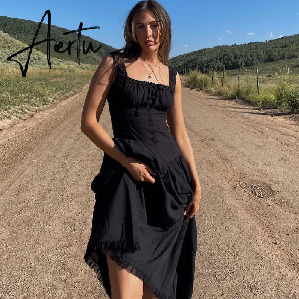 Sexy White Pleated Holiday Dress Woman Lace Up Square Collar Ruffles Female Dresses Elegant Button Sleeveless Beach Vestido Aiertu
