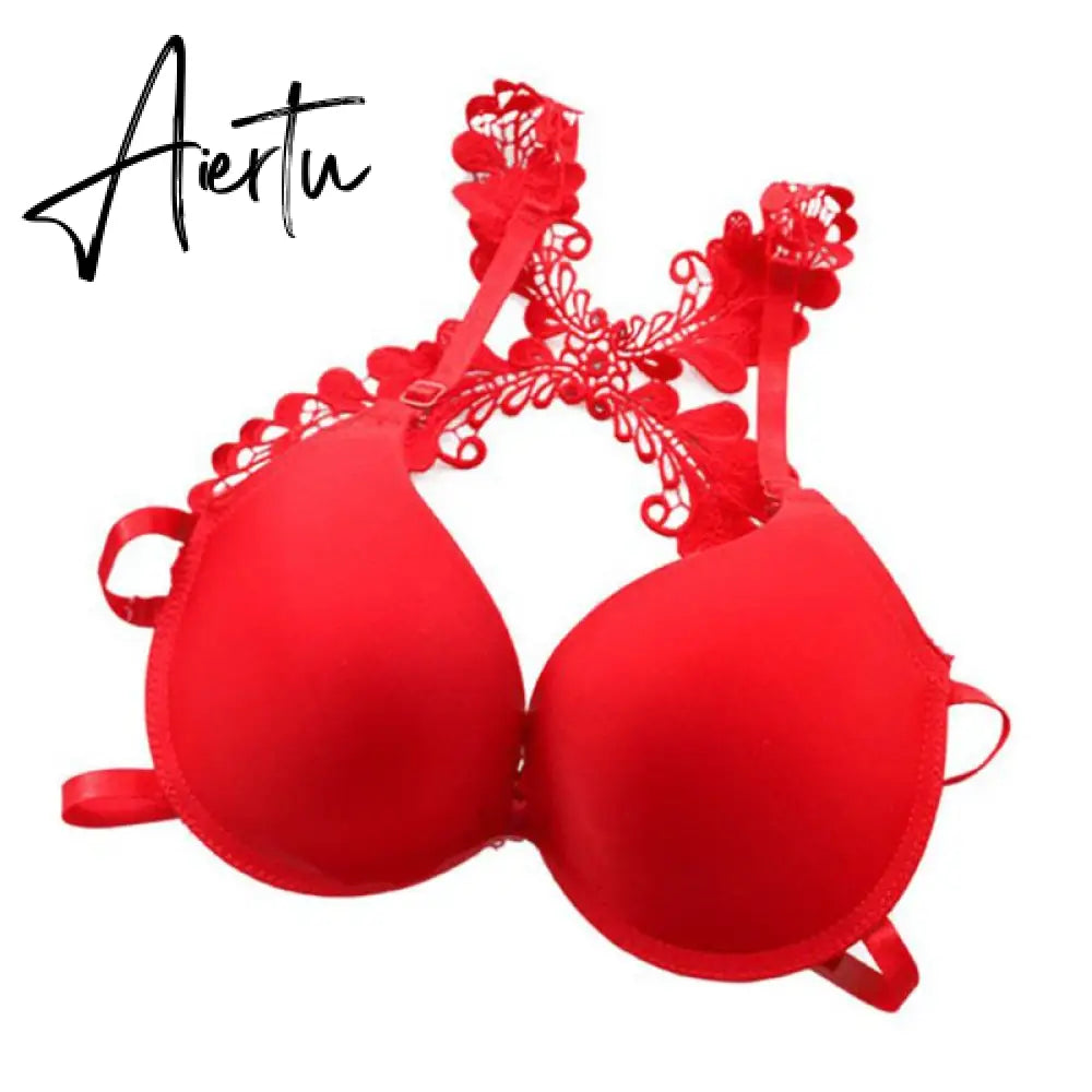 Sexy Women Bra Front Closure Lace Racer Back Smooth Surface Push Up Underwear Lingerie Sujetador Aiertu