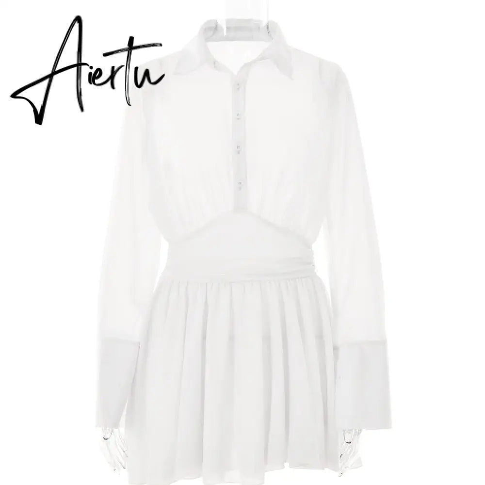 Sexy Women Chiffon Turndown Collar White Ruched Mini Dress Chic Single Breasted Longsleeve Slim Fall Dresses Aiertu