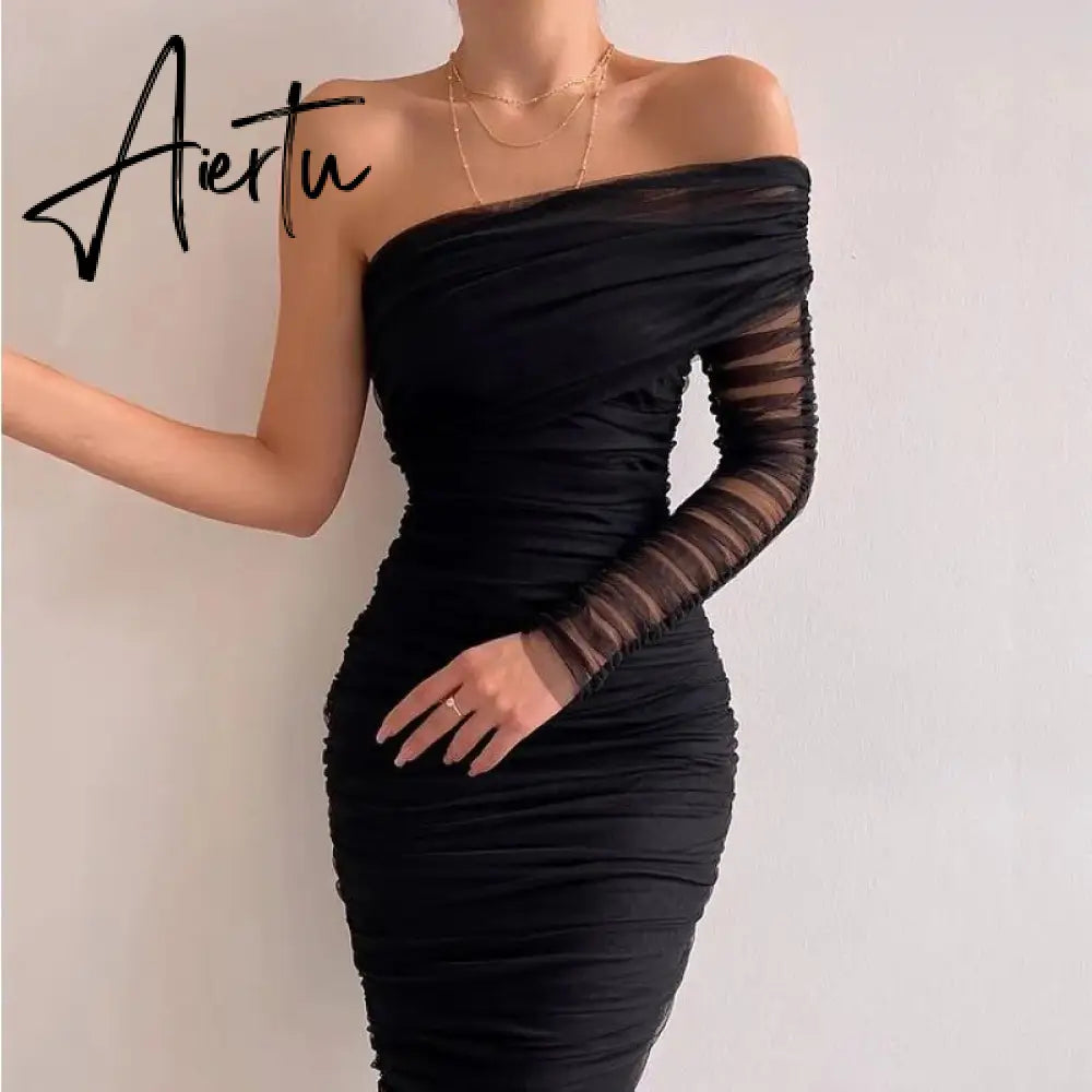 Sexy Women Diagonal Collar Wrap Hip Dress Ladies One Shoulder Mesh Sleeve Bodycon Dresses Solid Party Dress Clubwear Robe Femme Aiertu