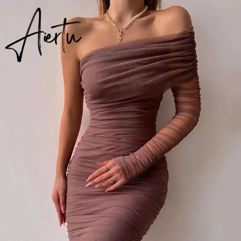 Sexy Women Diagonal Collar Wrap Hip Dress Ladies One Shoulder Mesh Sleeve Bodycon Dresses Solid Party Dress Clubwear Robe Femme Aiertu