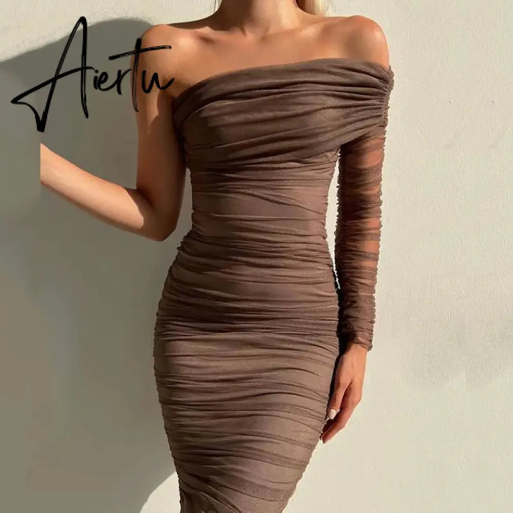 Sexy Women Diagonal Collar Wrap Hip Dress Ladies One Shoulder Mesh Sleeve Bodycon Dresses Solid Party Dress Clubwear Robe Femme Aiertu