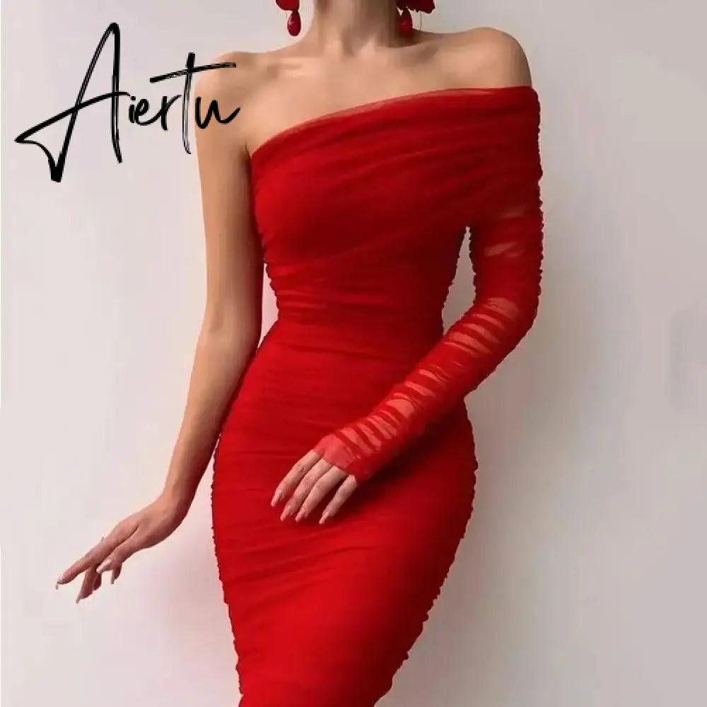 Sexy Women Diagonal Collar Wrap Hip Dress Ladies One Shoulder Mesh Sleeve Bodycon Dresses Solid Party Dress Clubwear Robe Femme Aiertu