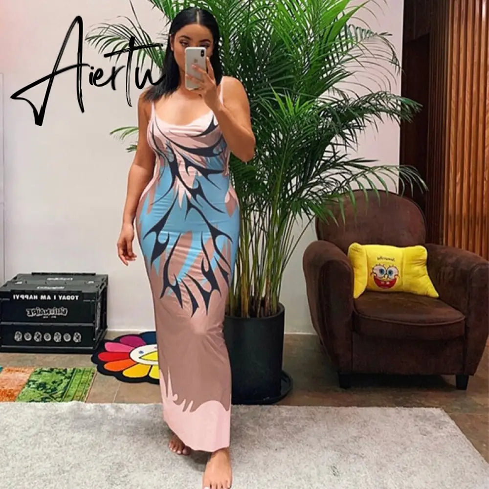 Sexy Women Dress Print Suspender Sleeveless Length Dress Slim Backless Summer Party Club Straight Dress Aiertu