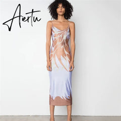 Sexy Women Dress Print Suspender Sleeveless Length Dress Slim Backless Summer Party Club Straight Dress Aiertu