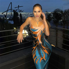 Sexy Women Dress Print Suspender Sleeveless Length Dress Slim Backless Summer Party Club Straight Dress Aiertu