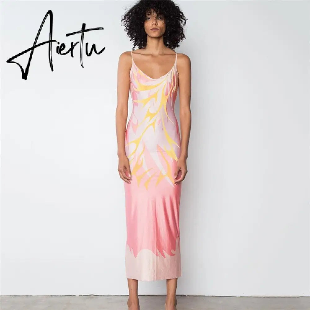 Sexy Women Dress Print Suspender Sleeveless Length Dress Slim Backless Summer Party Club Straight Dress Aiertu