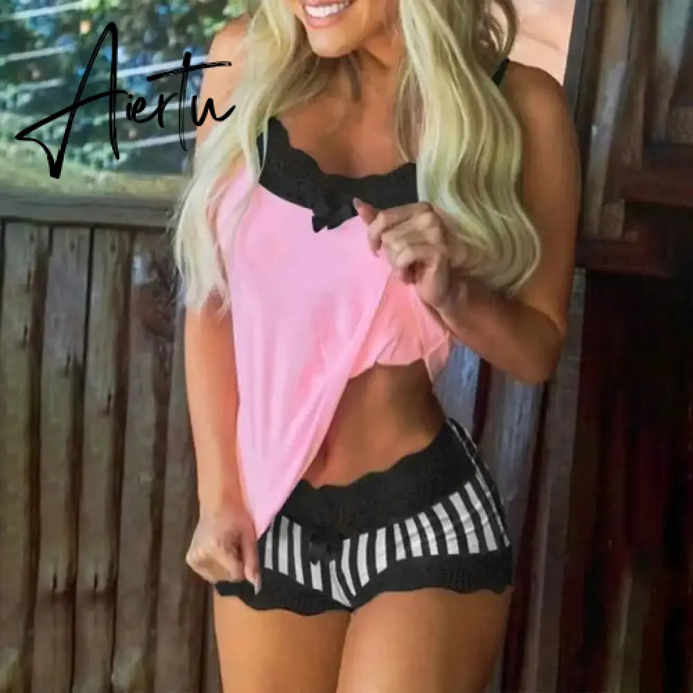 Sexy Women Pajamas Set Elegant Strap V-Neck Lace Sleeveless Tops Mini Shorts Suits Sweet Pink Bowknot Pyjama Home Sleepwear Sets Aiertu