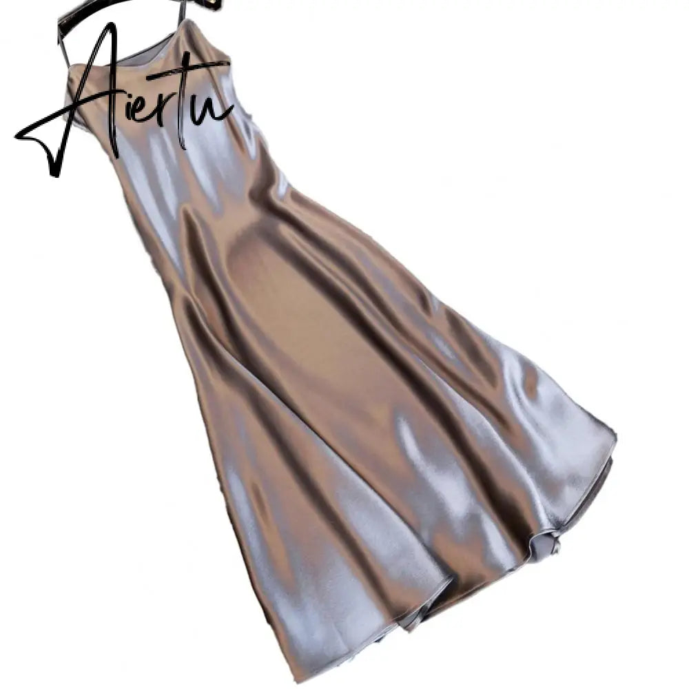 Sexy Women Sling Dress V Neck Backless Spaghetti Straps Large Hem Solid Color Ladies Satin Banquet Maxi Dresses Aiertu