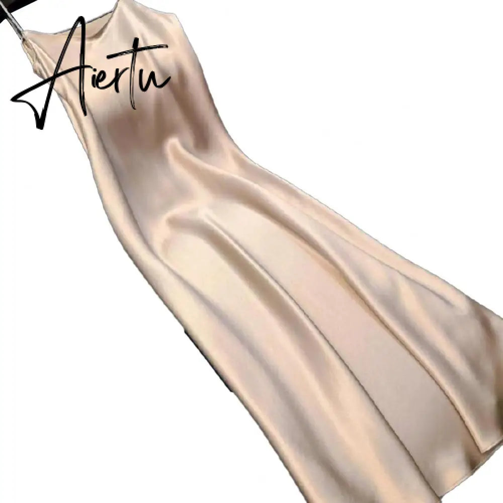 Sexy Women Sling Dress V Neck Backless Spaghetti Straps Large Hem Solid Color Ladies Satin Banquet Maxi Dresses Aiertu