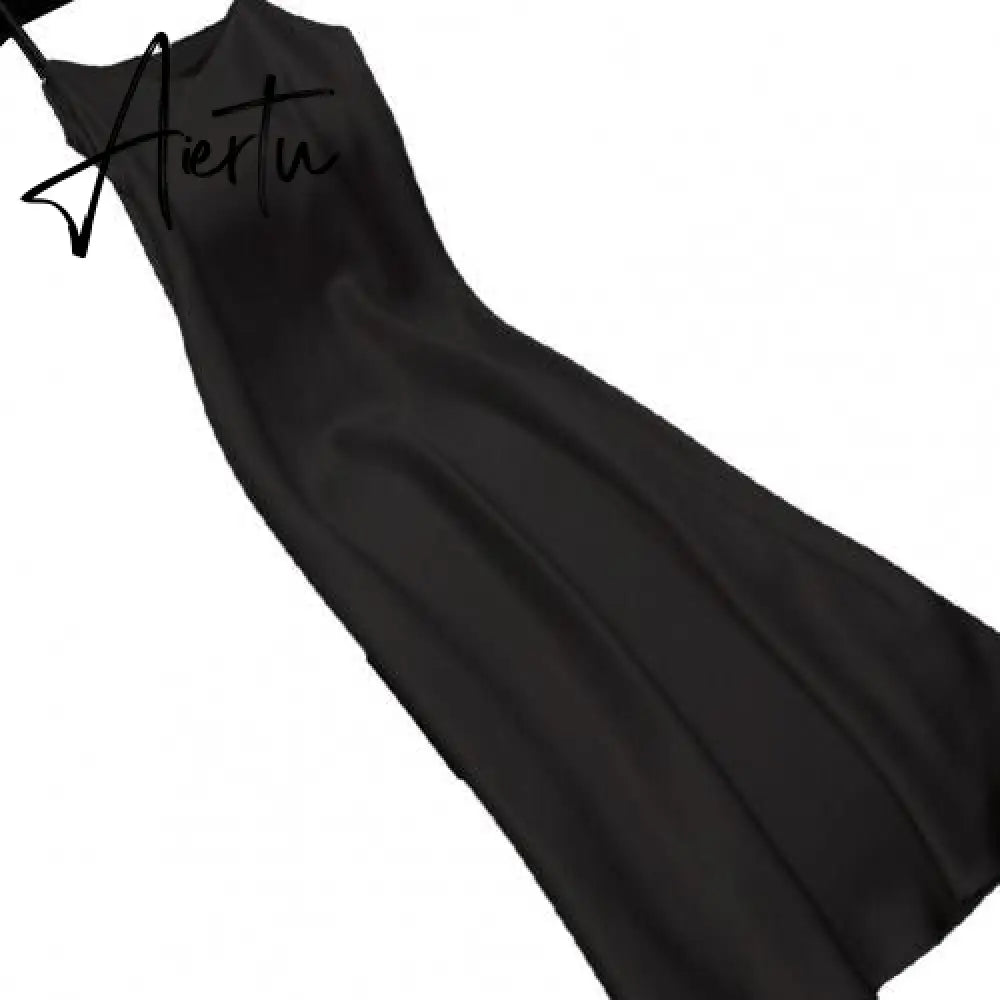 Sexy Women Sling Dress V Neck Backless Spaghetti Straps Large Hem Solid Color Ladies Satin Banquet Maxi Dresses Aiertu