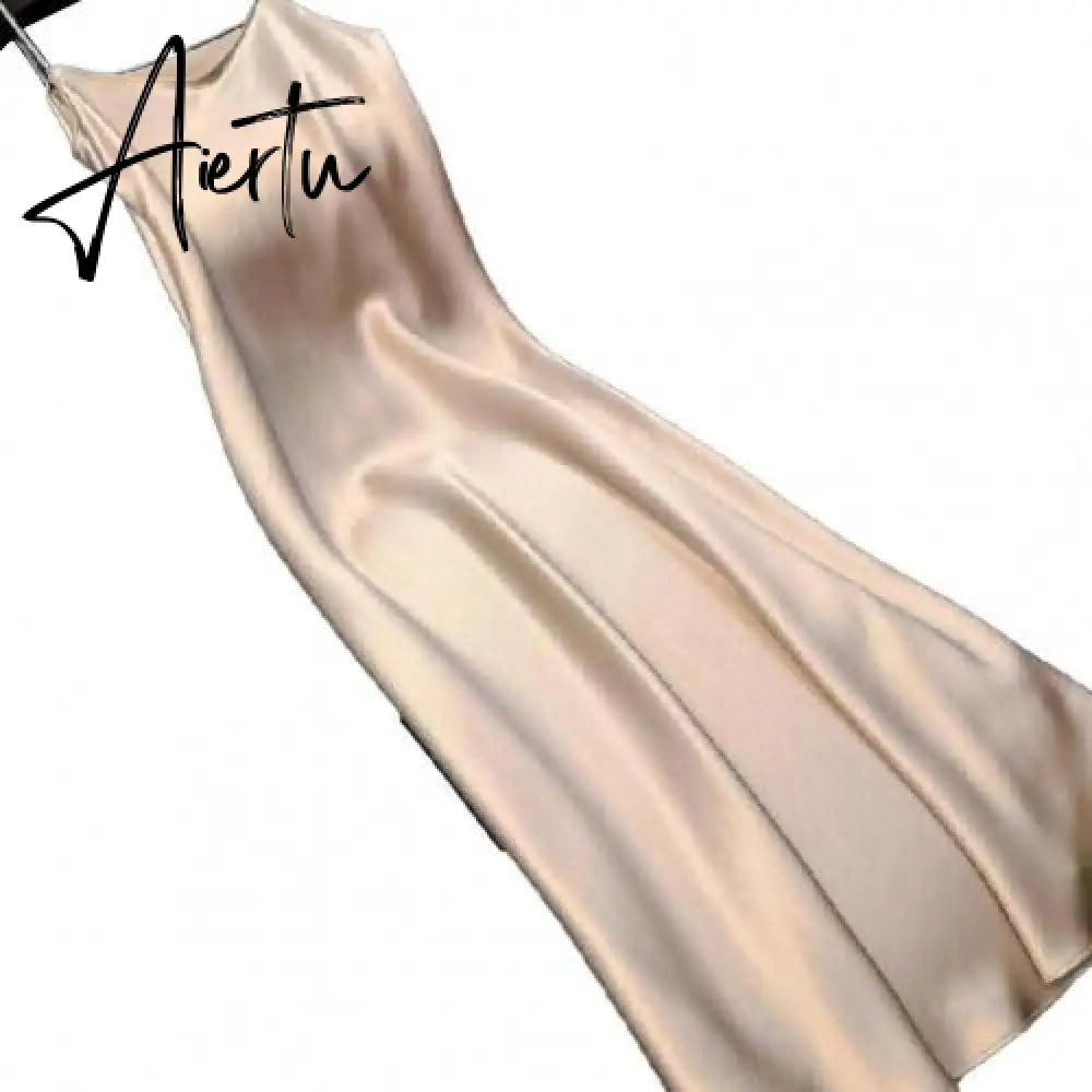 Sexy Women Sling Dress V Neck Backless Spaghetti Straps Large Hem Solid Color Ladies Satin Banquet Maxi Dresses Aiertu