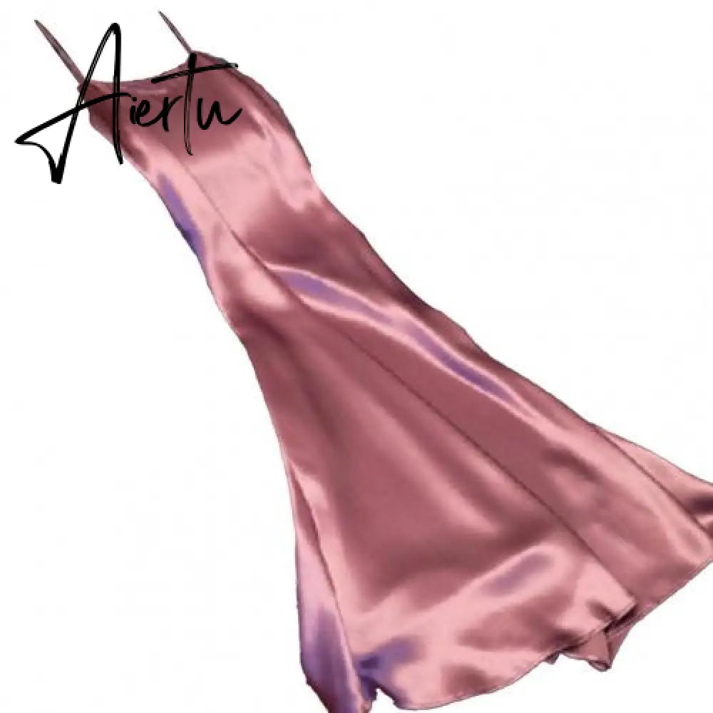 Sexy Women Sling Dress V Neck Backless Spaghetti Straps Large Hem Solid Color Ladies Satin Banquet Maxi Dresses Aiertu