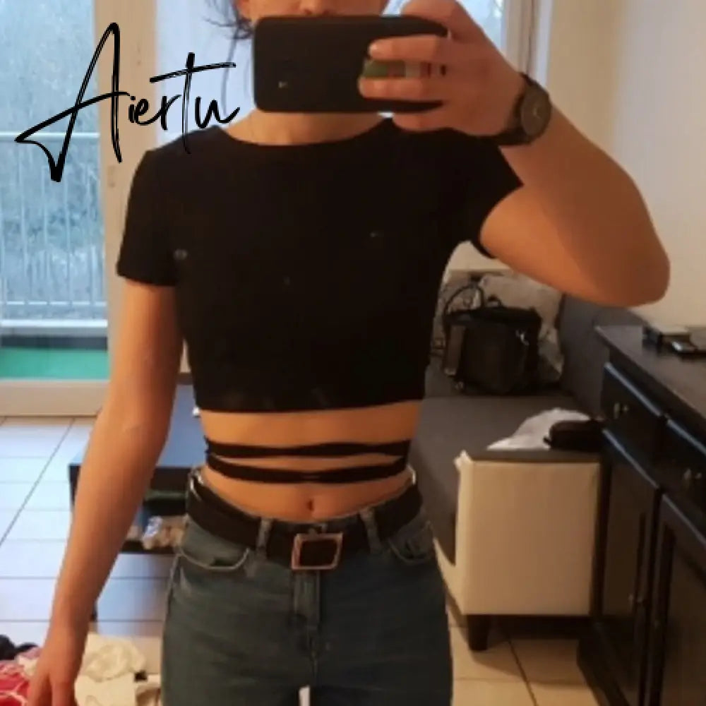 Sexy Women Tee Shirt Harajuku Open Back Cross Bandage T-shirt Short Sleeve Crop Top Summer Hollow Cropped Clothes Vintage Tshirt Aiertu