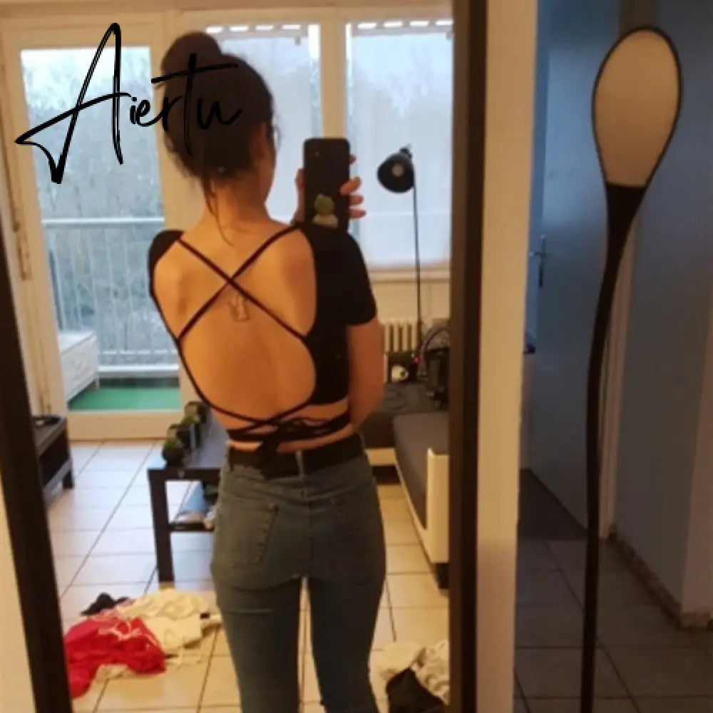 Sexy Women Tee Shirt Harajuku Open Back Cross Bandage T-shirt Short Sleeve Crop Top Summer Hollow Cropped Clothes Vintage Tshirt Aiertu