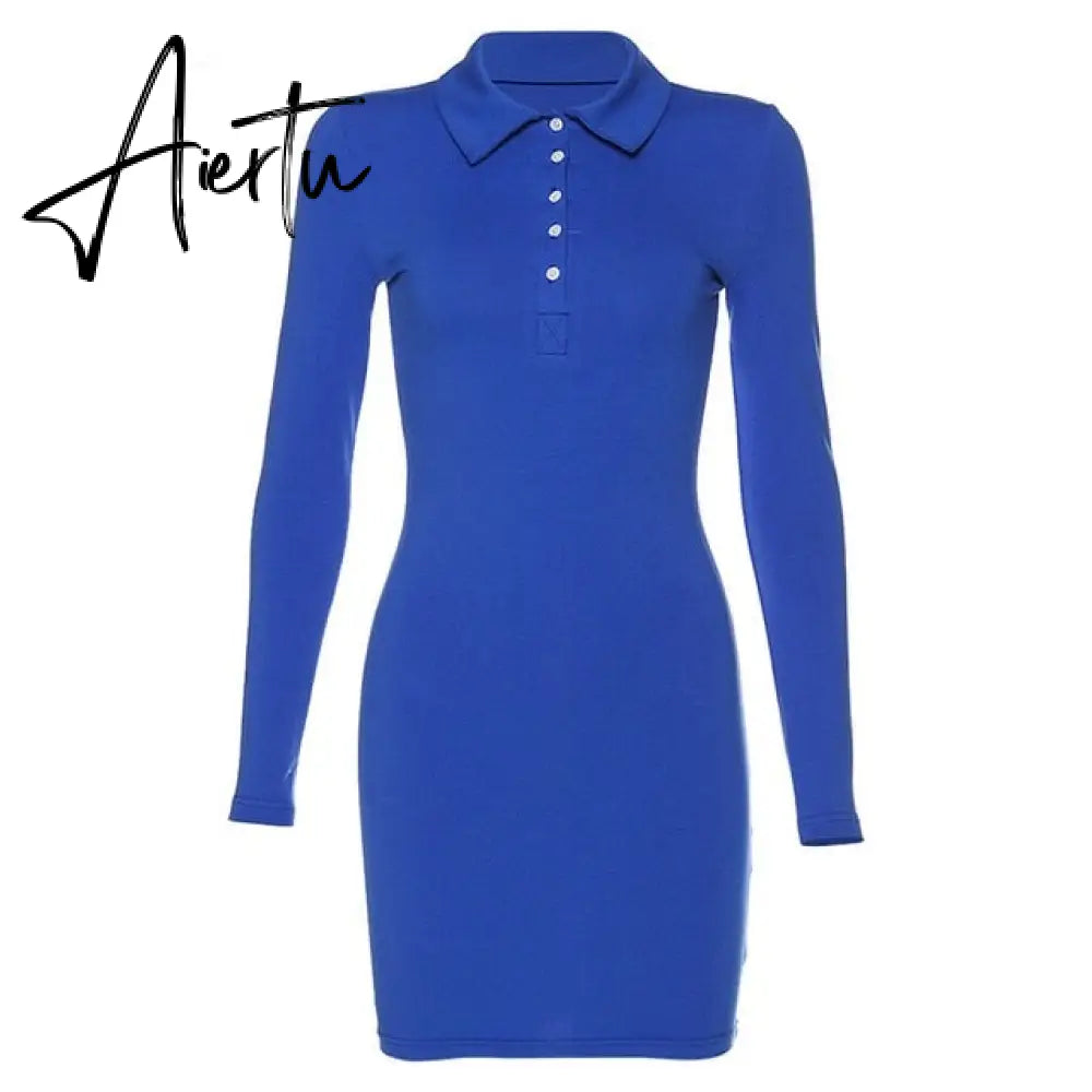 Shestyle Fashion POLO Collar Blue Dress Women Slim Sheath Button Long Sleeve Black Mini Solid Dress Lady Outfit Spring New Aiertu
