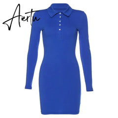 Shestyle Fashion POLO Collar Blue Dress Women Slim Sheath Button Long Sleeve Black Mini Solid Dress Lady Outfit Spring New Aiertu