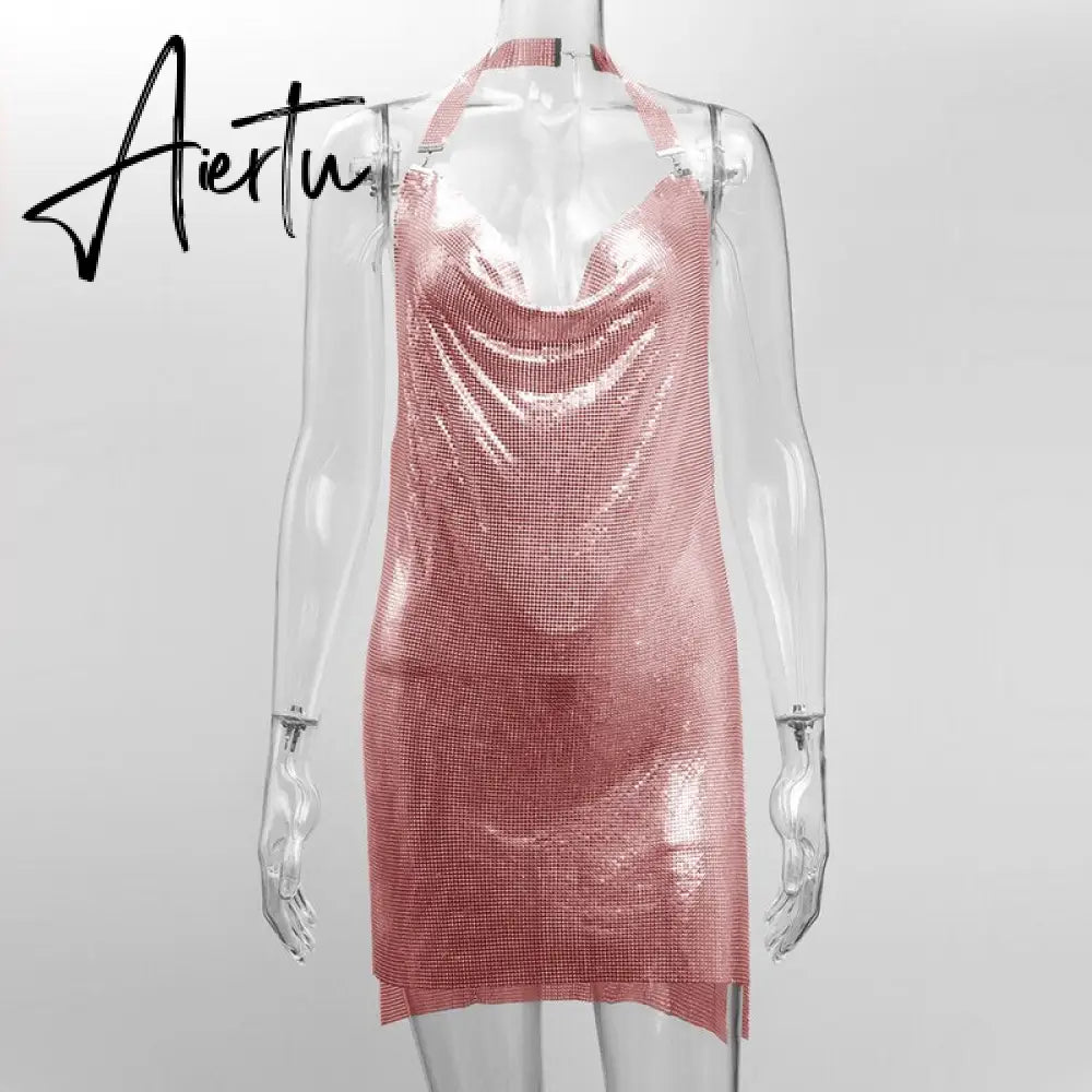 Shiny Luxury Sequined Low Cut Halter Mini Dress Backless Patchwork Split Sleeveless Hollow Out Party Sexy Women Solid Dresses Aiertu