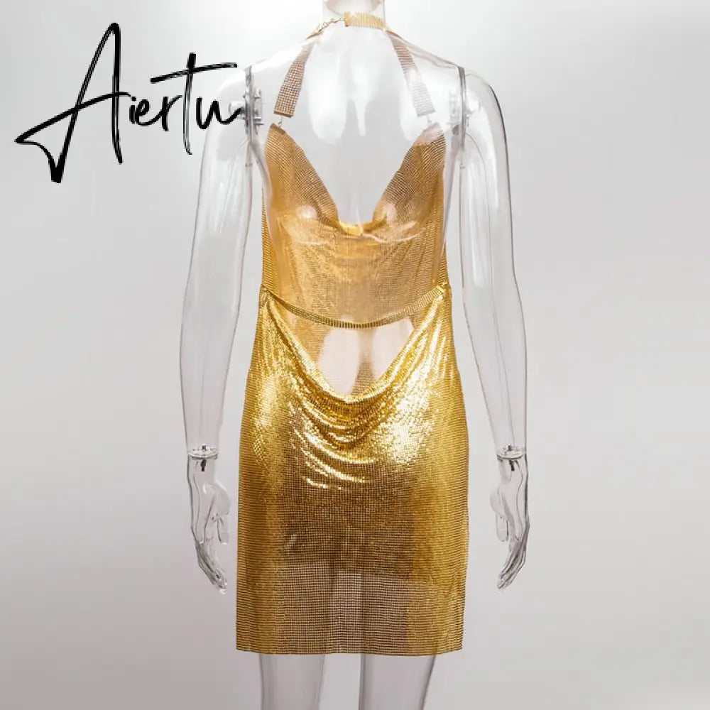 Shiny Luxury Sequined Low Cut Halter Mini Dress Backless Patchwork Split Sleeveless Hollow Out Party Sexy Women Solid Dresses Aiertu