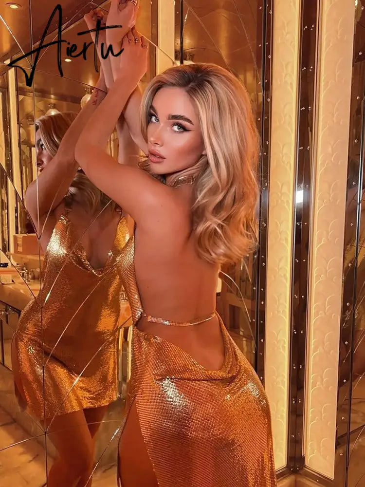 Shiny Luxury Sequined Low Cut Halter Mini Dress Backless Patchwork Split Sleeveless Hollow Out Party Sexy Women Solid Dresses Aiertu