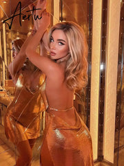 Shiny Luxury Sequined Low Cut Halter Mini Dress Backless Patchwork Split Sleeveless Hollow Out Party Sexy Women Solid Dresses Aiertu