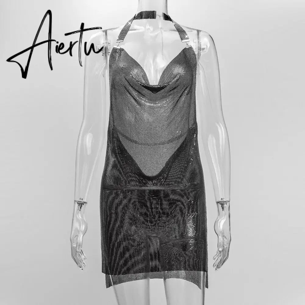 Shiny Luxury Sequined Low Cut Halter Mini Dress Backless Patchwork Split Sleeveless Hollow Out Party Sexy Women Solid Dresses Aiertu