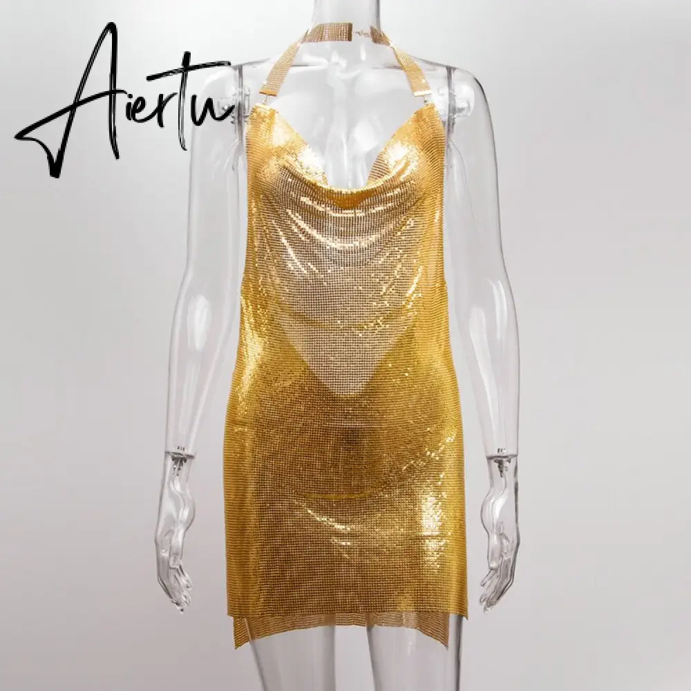 Shiny Luxury Sequined Low Cut Halter Mini Dress Backless Patchwork Split Sleeveless Hollow Out Party Sexy Women Solid Dresses Aiertu