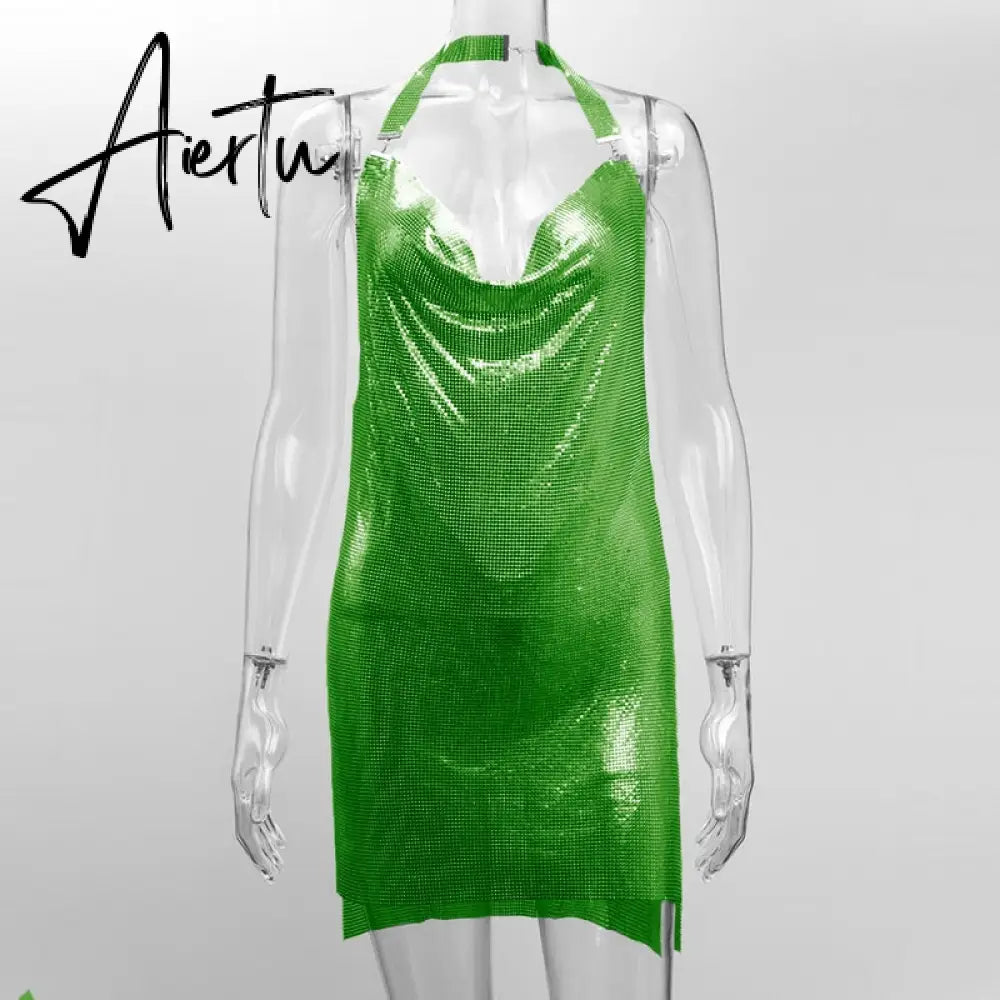 Shiny Luxury Sequined Low Cut Halter Mini Dress Backless Patchwork Split Sleeveless Hollow Out Party Sexy Women Solid Dresses Aiertu