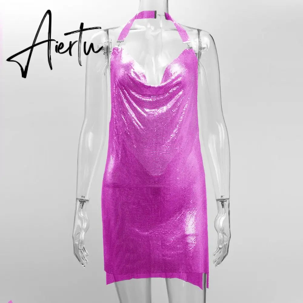 Shiny Luxury Sequined Low Cut Halter Mini Dress Backless Patchwork Split Sleeveless Hollow Out Party Sexy Women Solid Dresses Aiertu