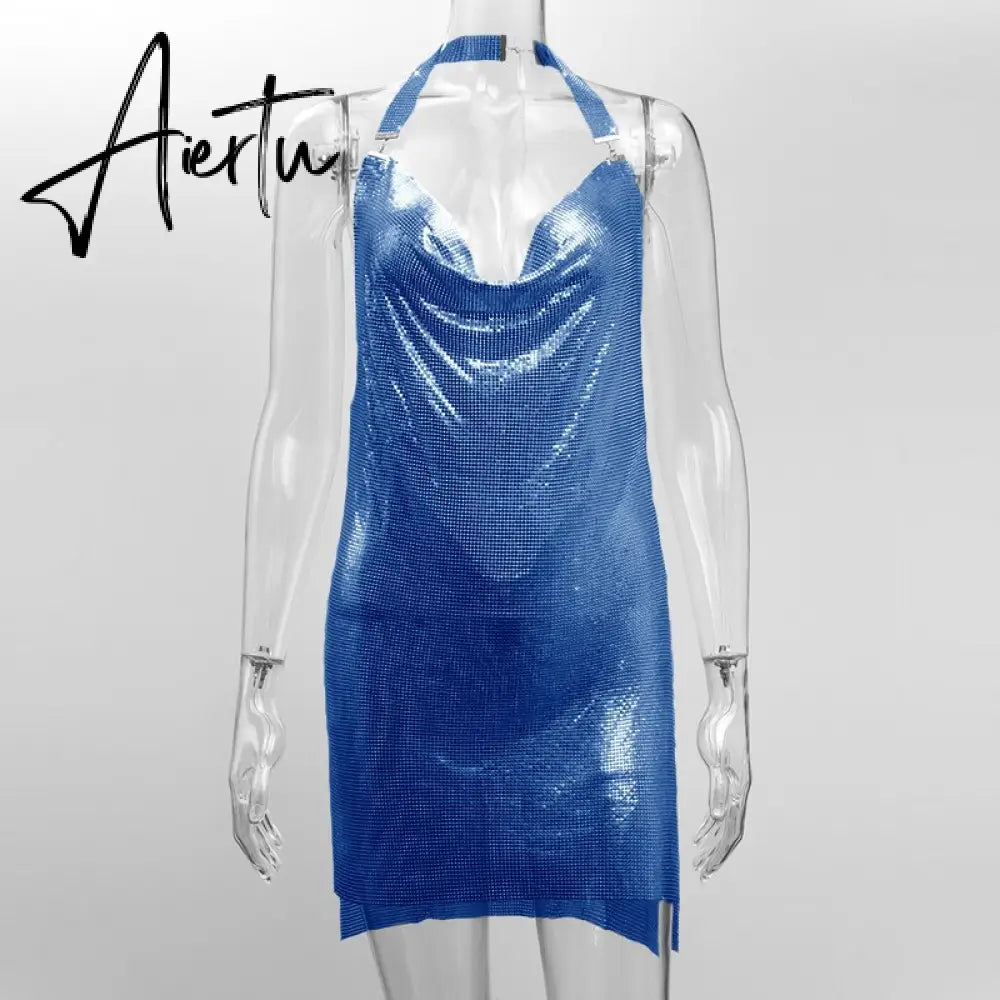 Shiny Luxury Sequined Low Cut Halter Mini Dress Backless Patchwork Split Sleeveless Hollow Out Party Sexy Women Solid Dresses Aiertu