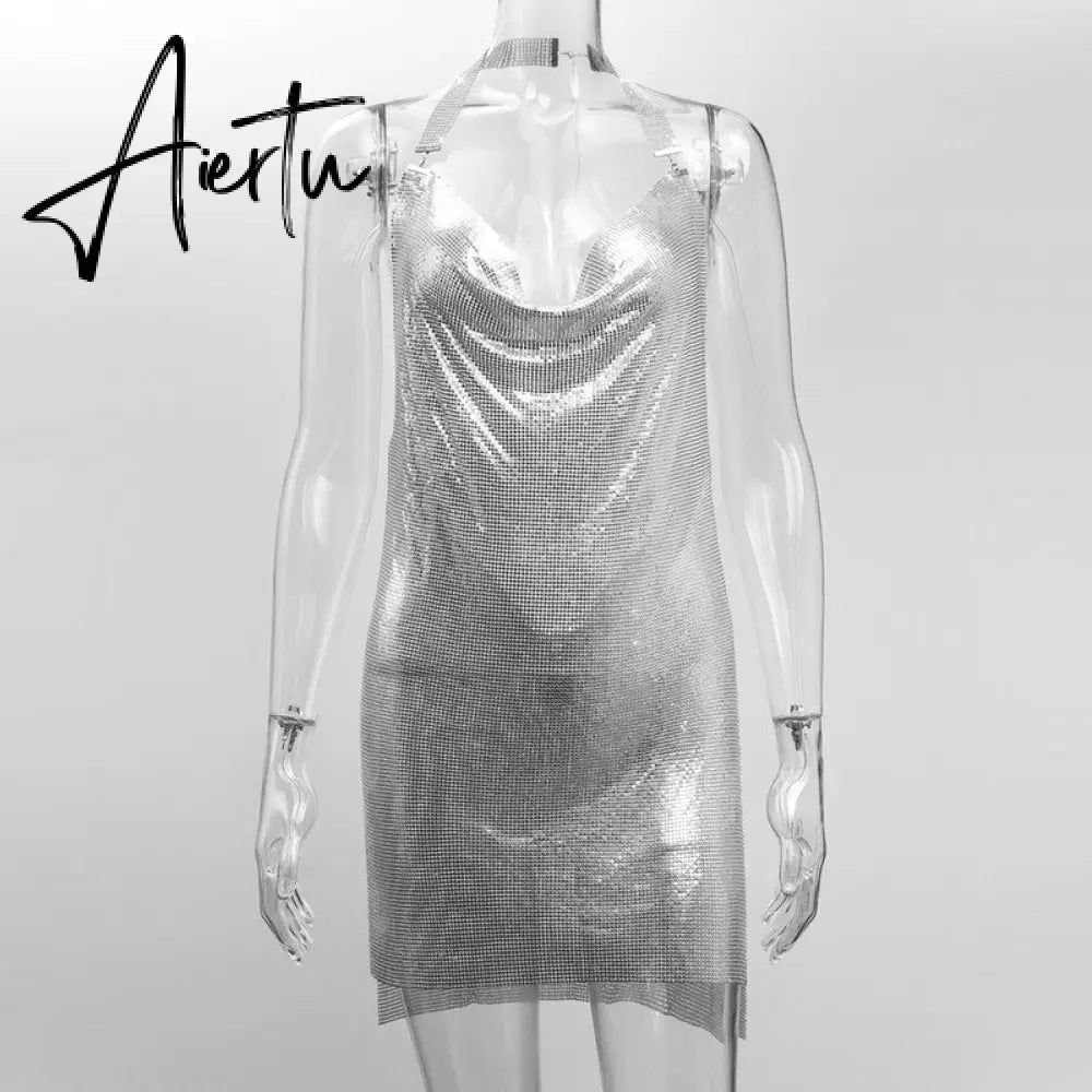 Shiny Luxury Sequined Low Cut Halter Mini Dress Backless Patchwork Split Sleeveless Hollow Out Party Sexy Women Solid Dresses Aiertu