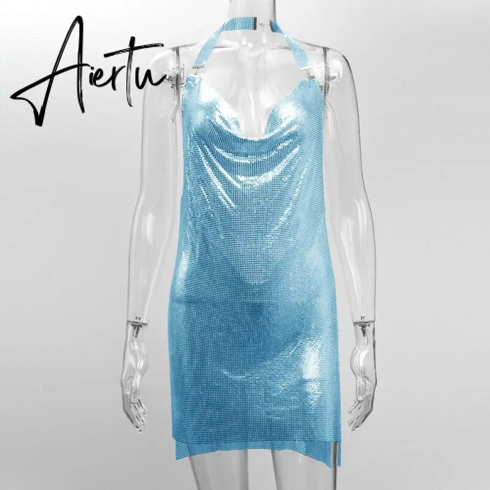 Shiny Luxury Sequined Low Cut Halter Mini Dress Backless Patchwork Split Sleeveless Hollow Out Party Sexy Women Solid Dresses Aiertu